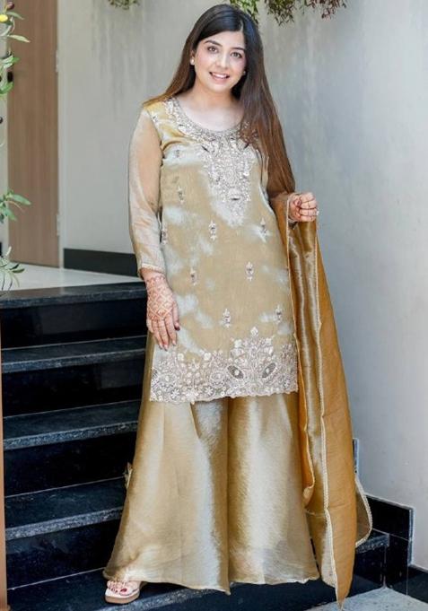 Beige Embroidered Silk Kurta Set