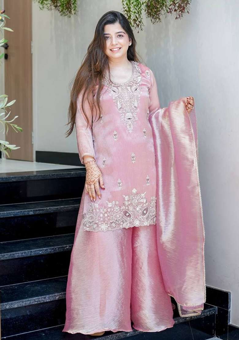 Pink Embroidered Silk Blend Kurta Set - Indya