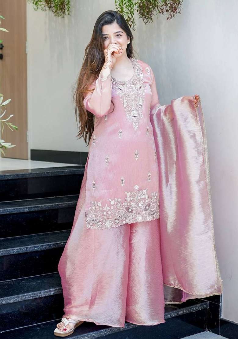 Pink Embroidered Silk Blend Kurta Set - Indya