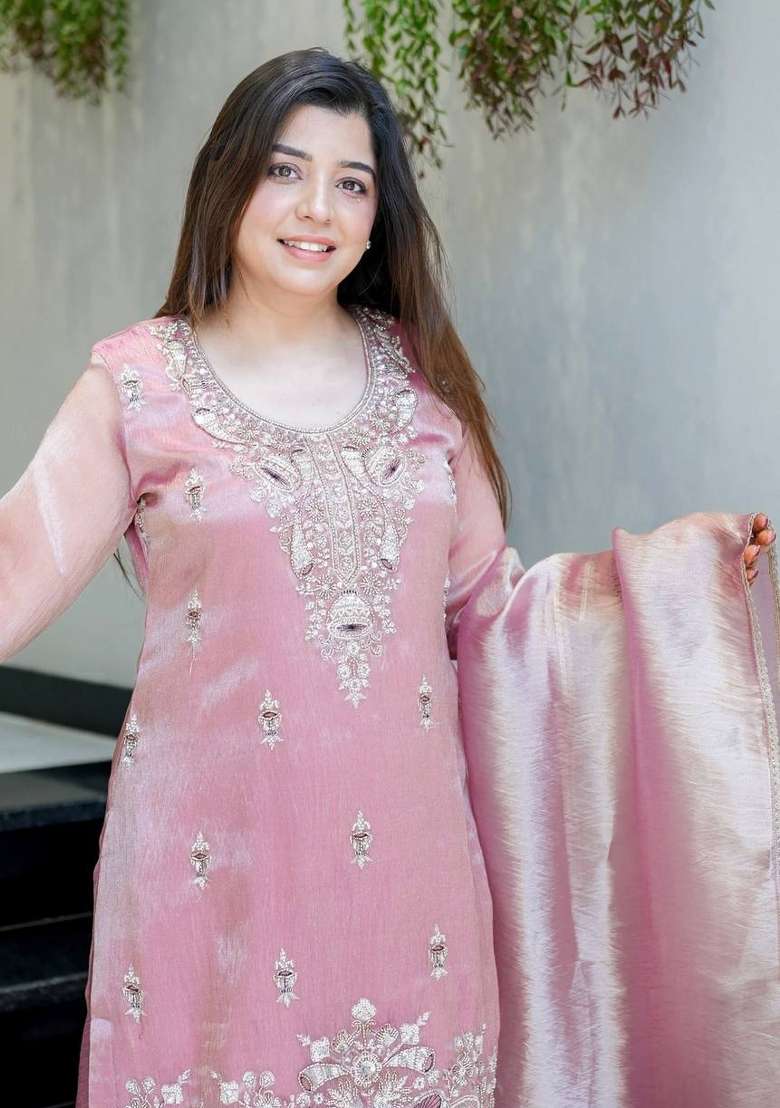 Pink Embroidered Silk Blend Kurta Set - Indya