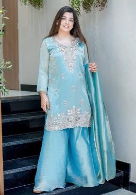 Sky Blue Embroidered Silk Kurta Set
