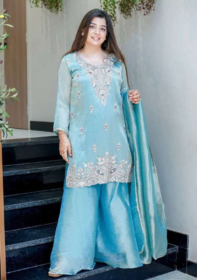 Sky Blue Embroidered Silk Blend Kurta Set - Indya