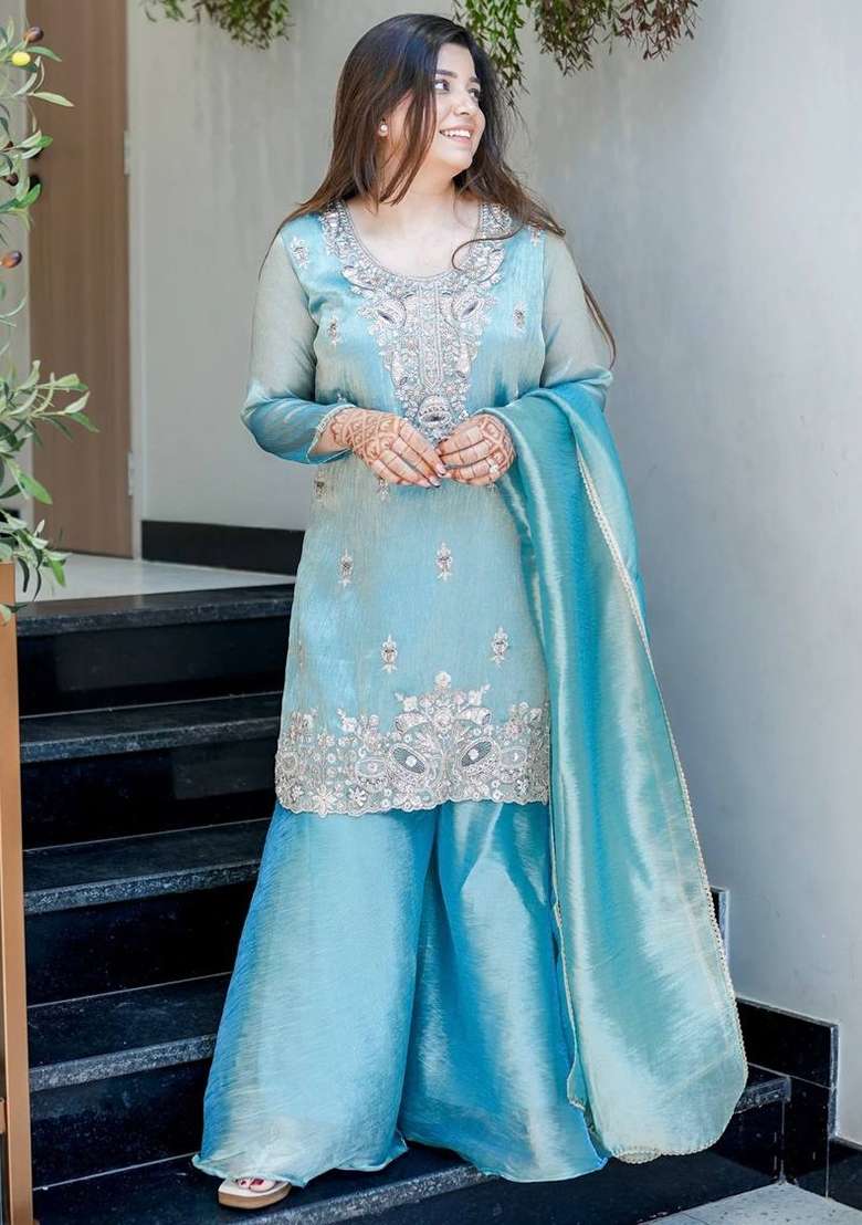 Sky Blue Embroidered Silk Blend Kurta Set - Indya