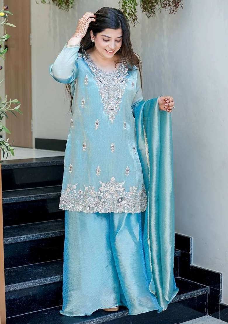 Sky Blue Embroidered Silk Blend Kurta Set - Indya