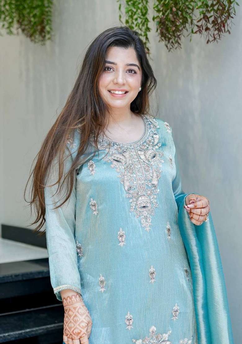 Sky Blue Embroidered Silk Blend Kurta Set - Indya