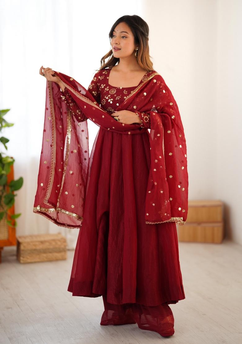 Maroon Embroidered Silk Kurta Set - Indya