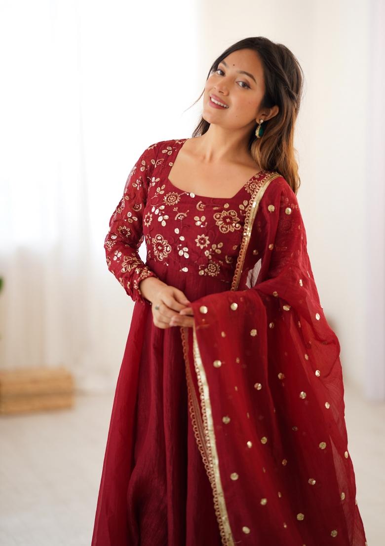 Maroon Embroidered Silk Kurta Set - Indya