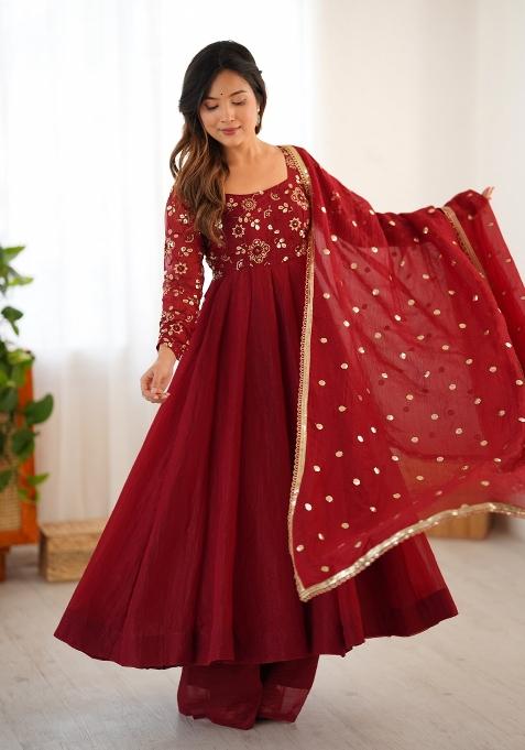 Maroon Embroidered Silk Kurta Set