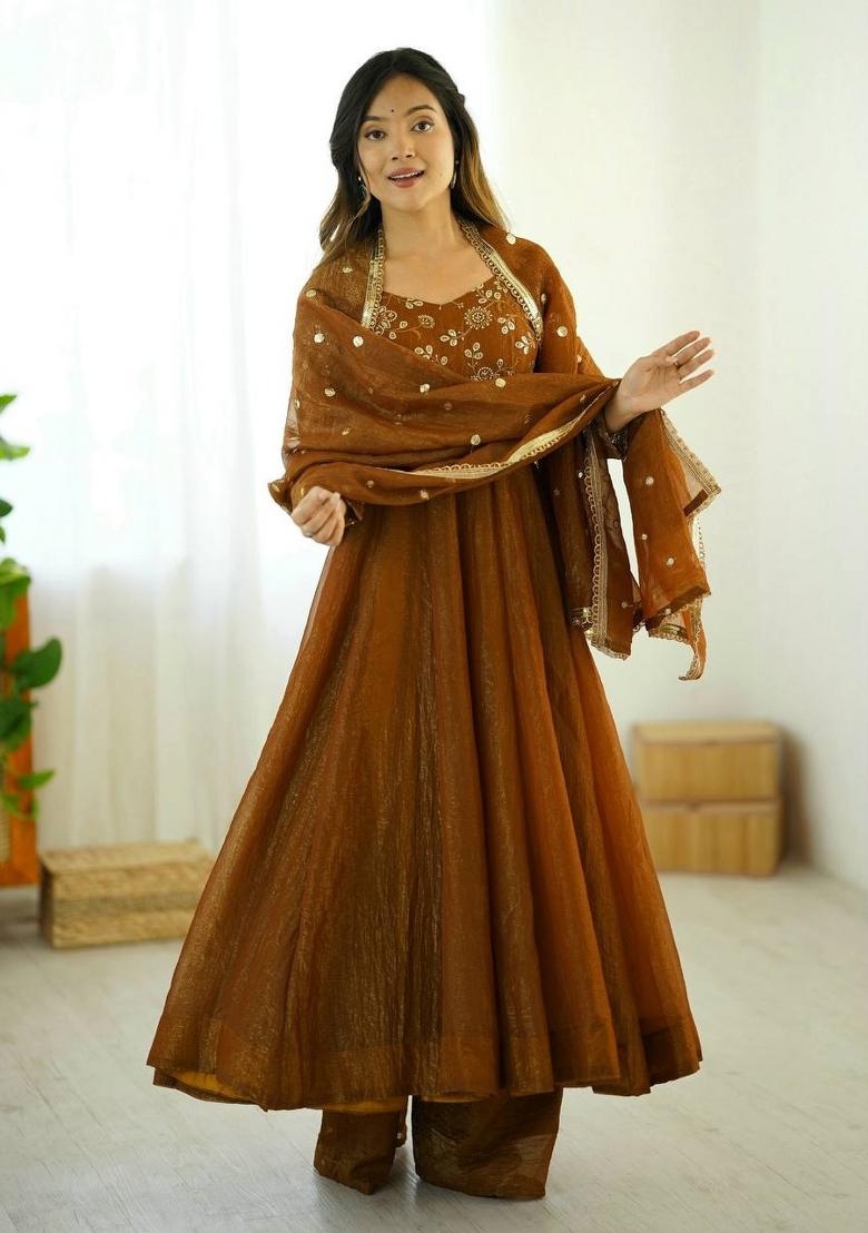 Mustard Embroidered Silk Kurta Set - Indya