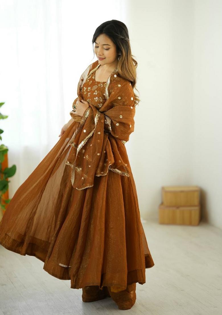 Mustard Embroidered Silk Kurta Set - Indya