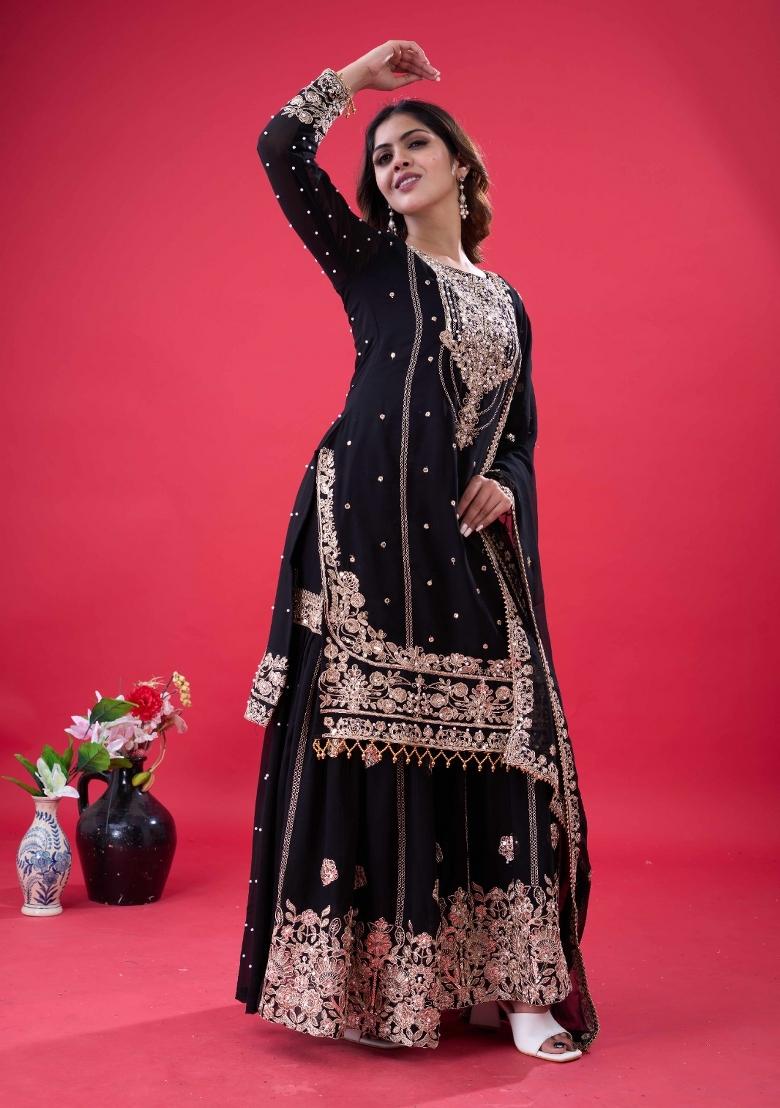 Black Embroidered Georgette Kurta Set - Indya