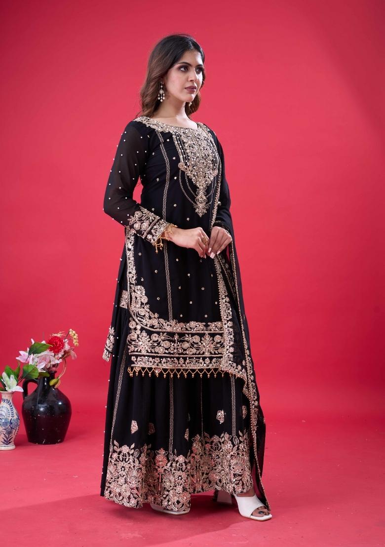 Black Embroidered Georgette Kurta Set - Indya