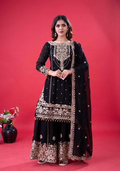 Black Embroidered Georgette Kurta Set