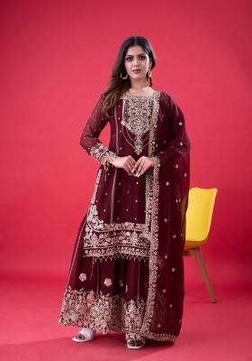 Coffee Embroidered Georgette Kurta Set