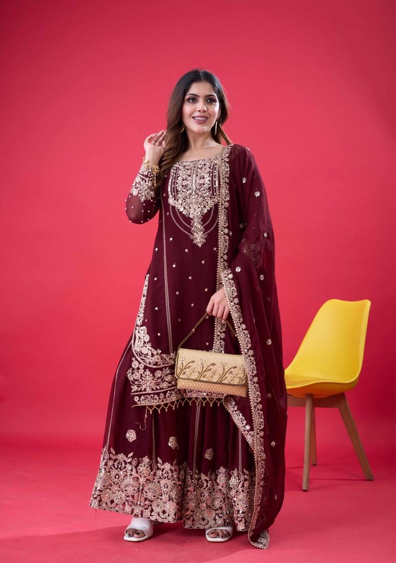 Coffee Embroidered Georgette Kurta Set - Indya