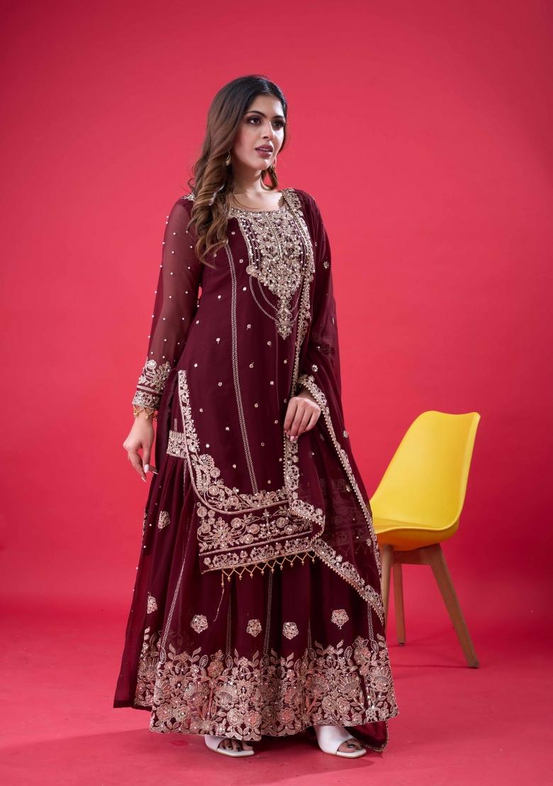 Coffee Embroidered Georgette Kurta Set - Indya