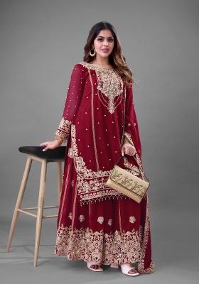 Maroon Embroidered Georgette Kurta Set