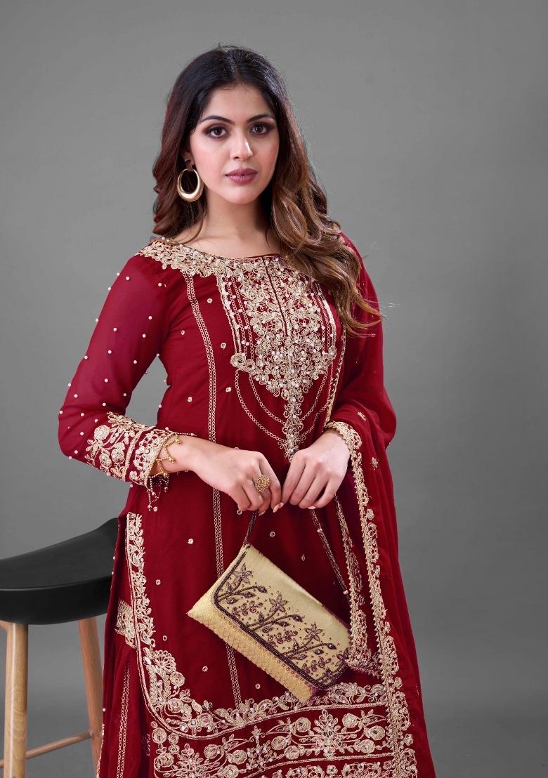 Maroon Embroidered Georgette Kurta Set - Indya