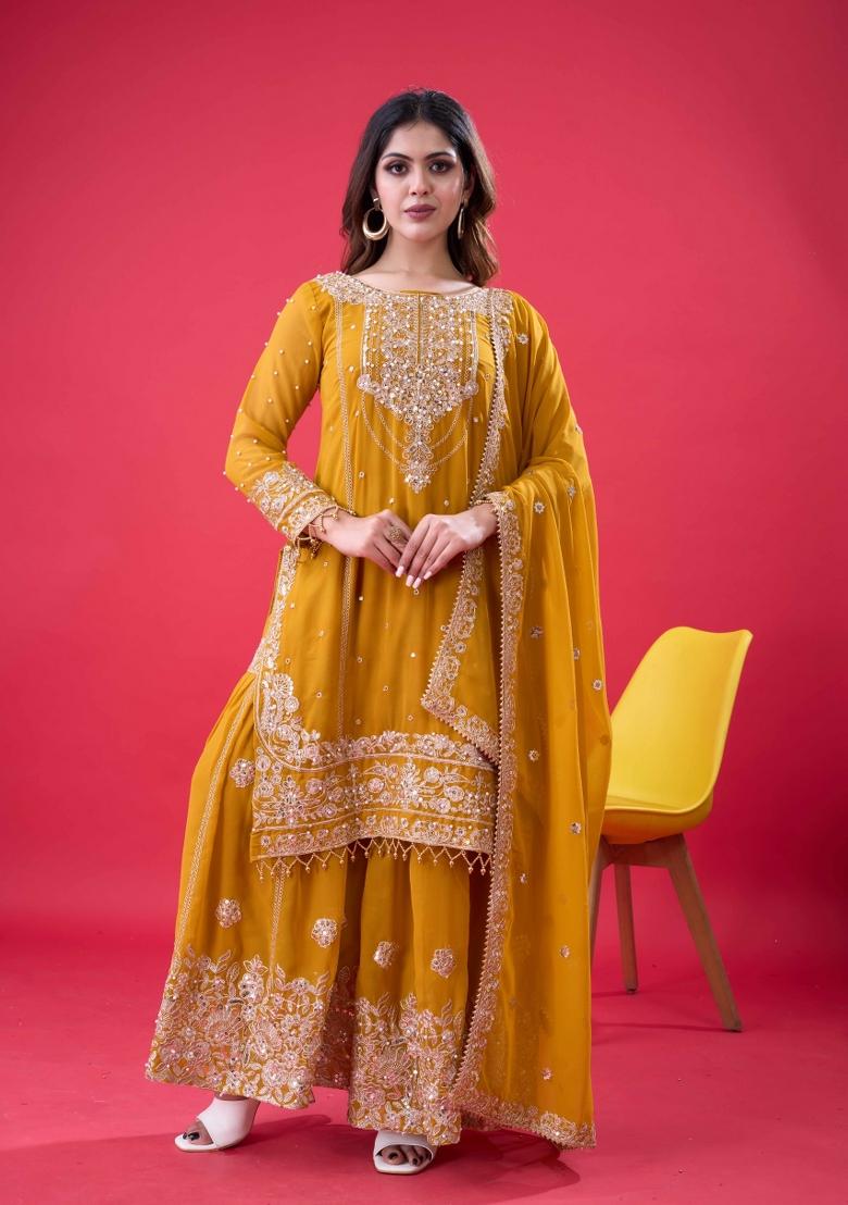 Yellow Embroidered Georgette Kurta Set - Indya