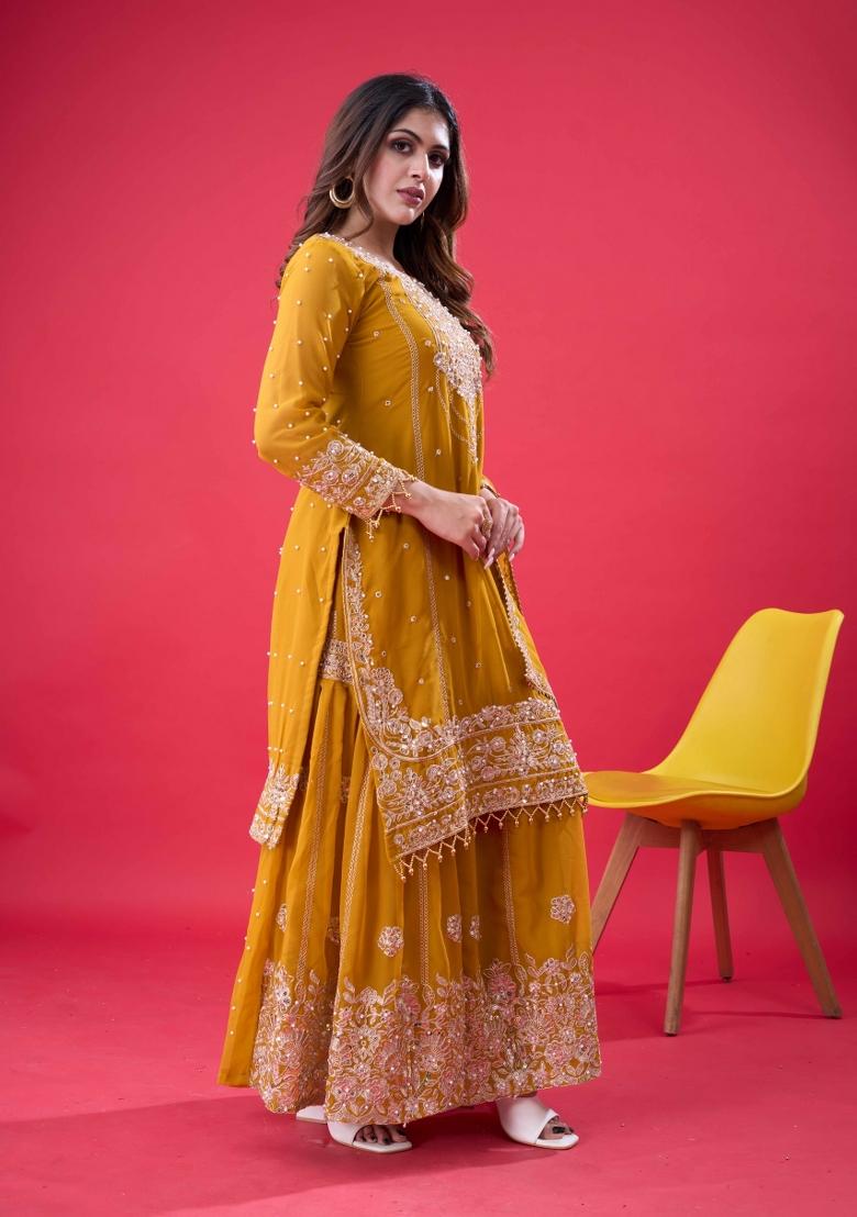 Yellow Embroidered Georgette Kurta Set - Indya