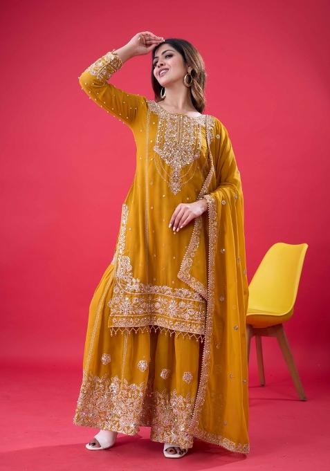 Yellow Embroidered Georgette Kurta Set