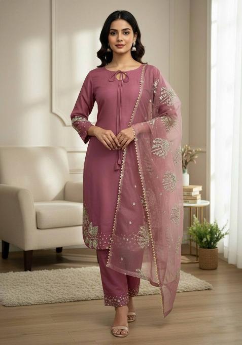 Mauve Embroidered Crepe Kurta Set