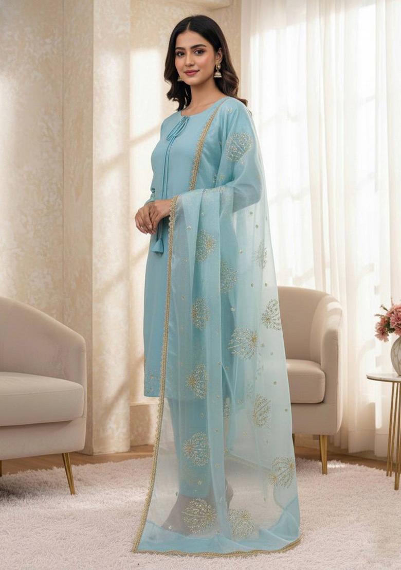 Sky Blue Embroidered Crepe Kurta Set - Indya