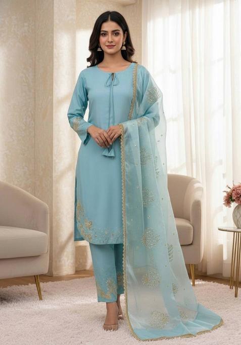 Sky Blue Embroidered Crepe Kurta Set