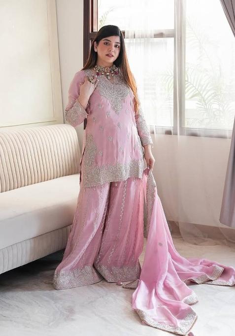 Pink Embroidered Silk Kurta Set