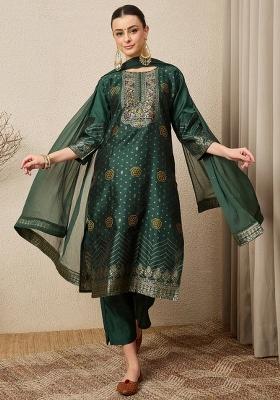 Green Jacquard Work Silk Kurta Set