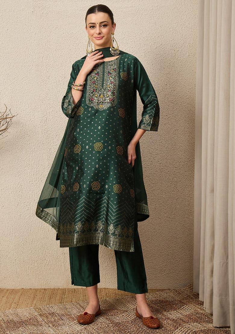 Green Jacquard Work Silk Kurta Set - Indya