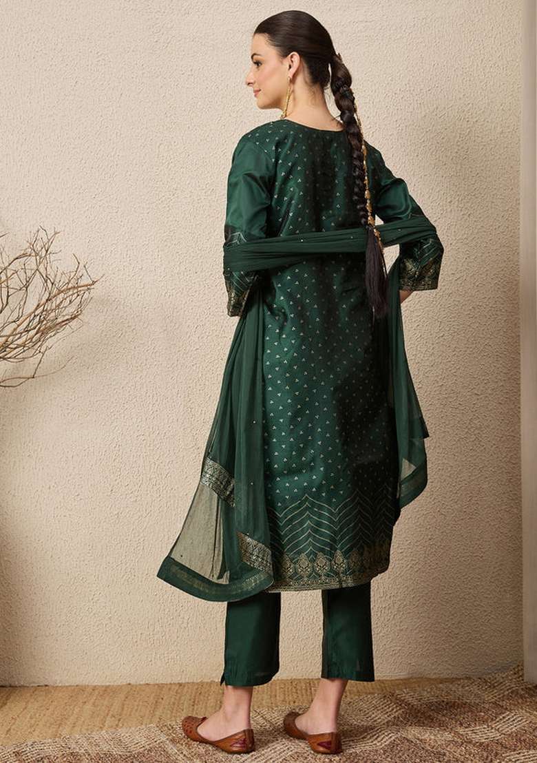 Green Jacquard Silk Blend Straight Kurta Set - Indya