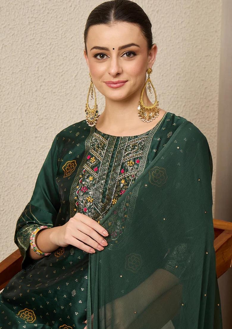 Green Jacquard Work Silk Kurta Set - Indya
