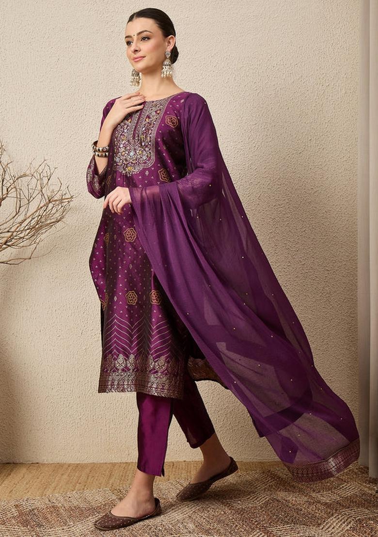 Purple Jacquard Work Silk Kurta Set - Indya