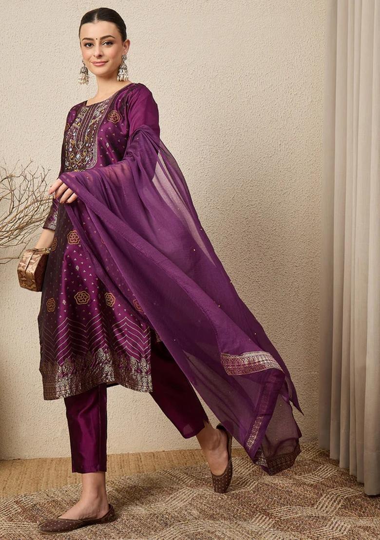 Purple Jacquard Work Silk Kurta Set - Indya