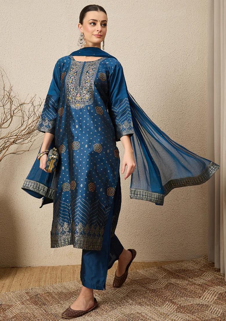 Blue Jacquard Work Silk Kurta Set - Indya