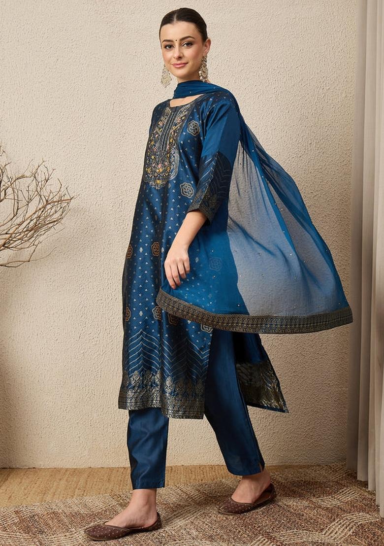 Blue Jacquard Work Silk Kurta Set - Indya