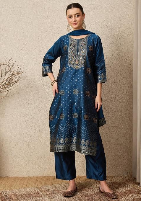 Blue Jacquard Work Silk Kurta Set