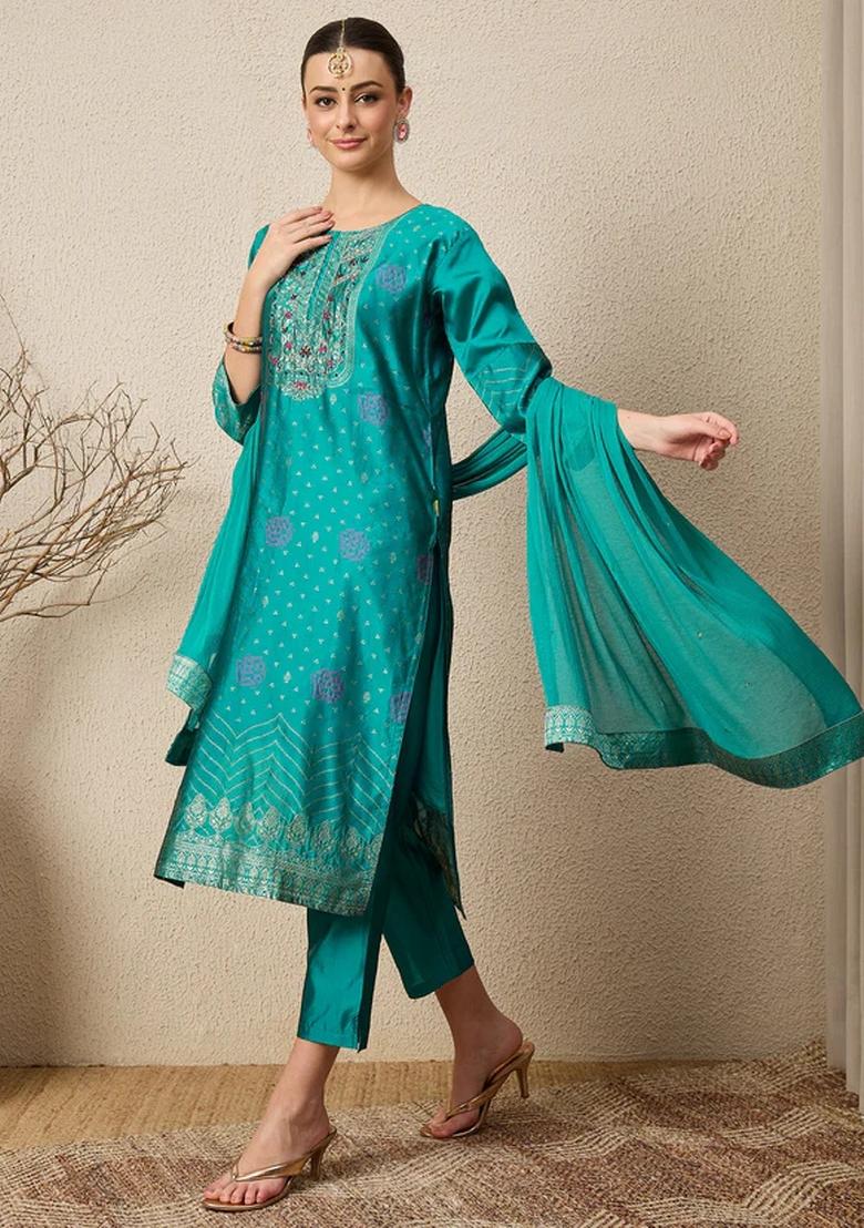 Rama Jacquard Work Silk Kurta Set - Indya
