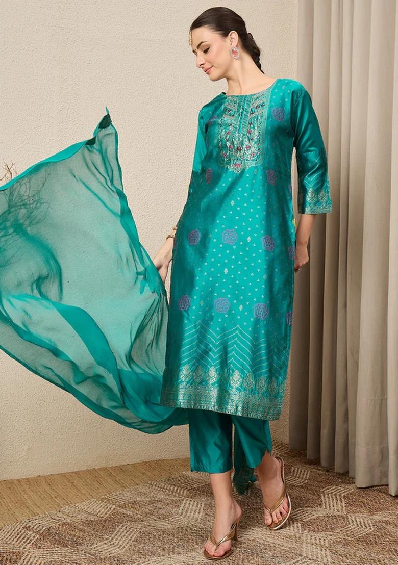 Rama Jacquard Work Silk Kurta Set - Indya