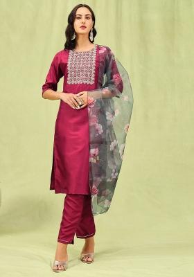 Multicolor Embroidered Silk Kurta Set