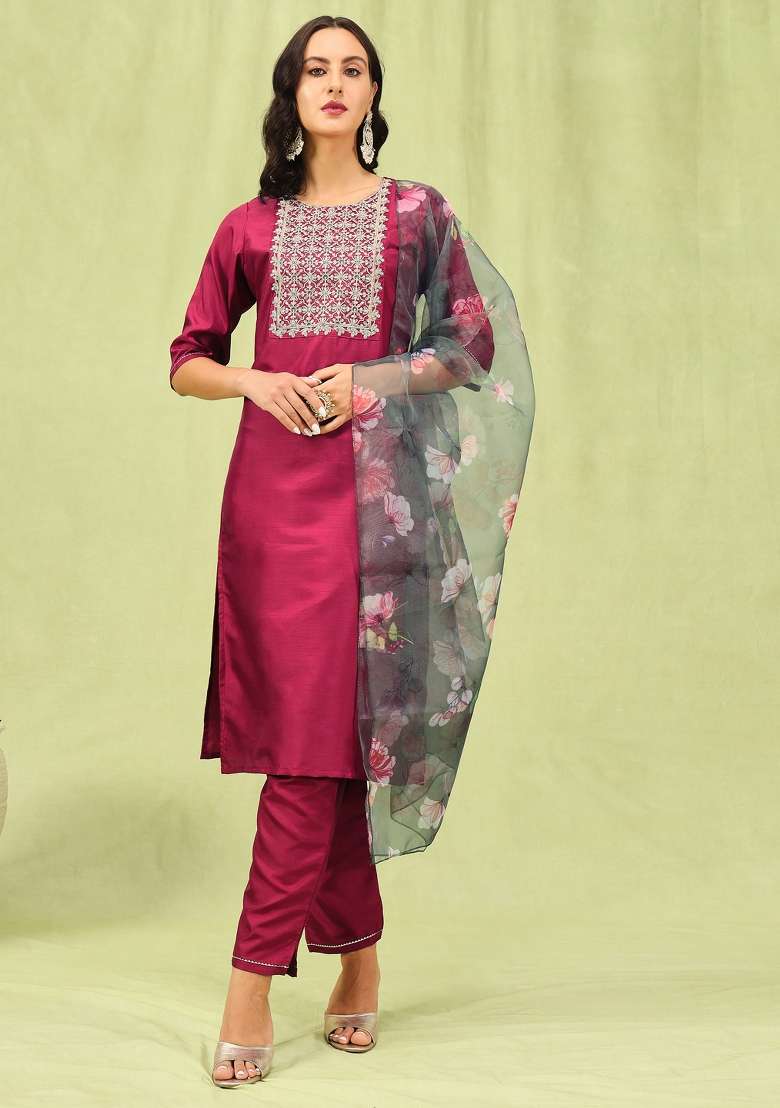 Multicolor Embroidered Silk Blend Kurta Set - Indya