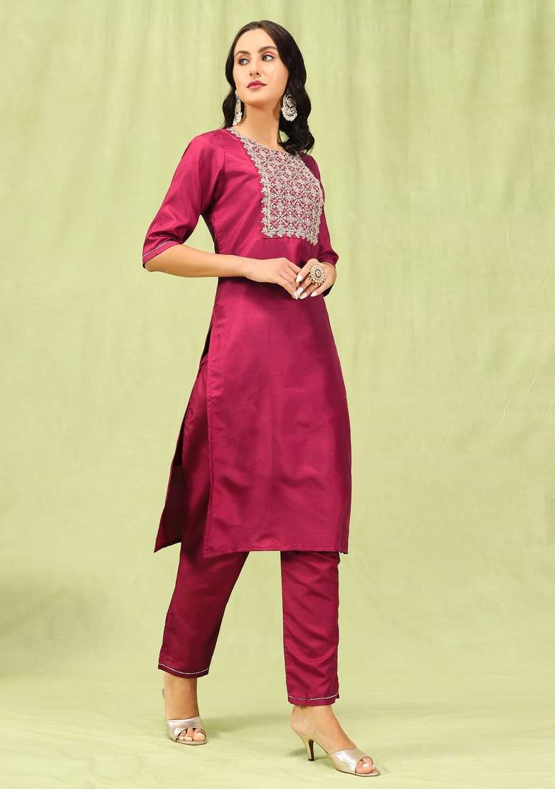 Multicolor Embroidered Silk Blend Kurta Set - Indya