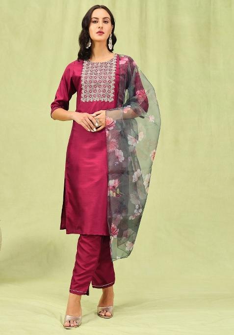 Multicolor Embroidered Silk Kurta Set
