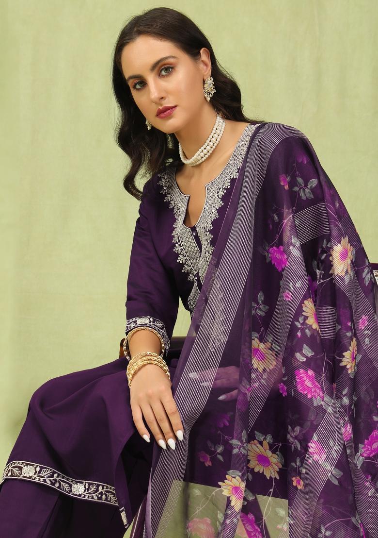 Purple Embroidered Silk Kurta Set - Indya