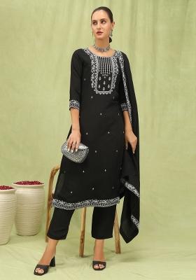 Black Embroidered Silk Kurta Set