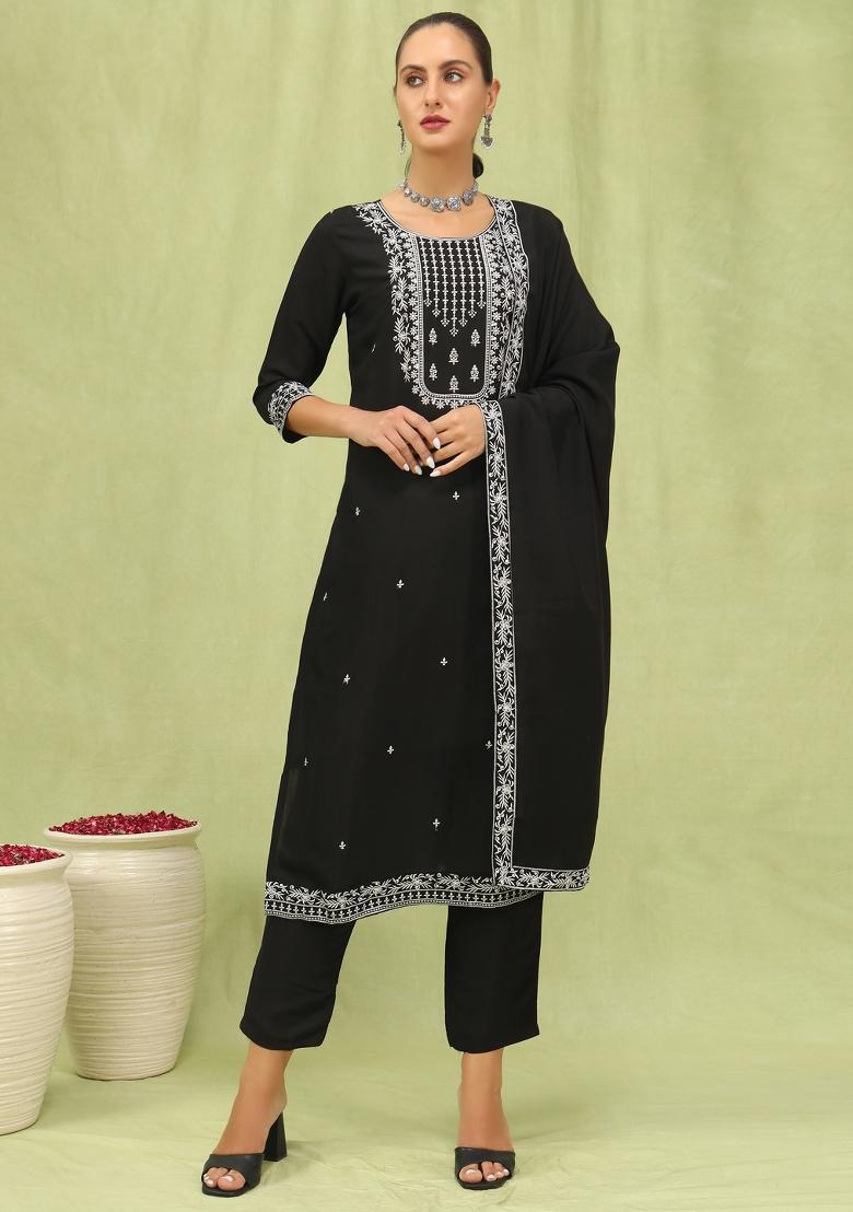 Black Embroidered Silk Kurta Set - Indya
