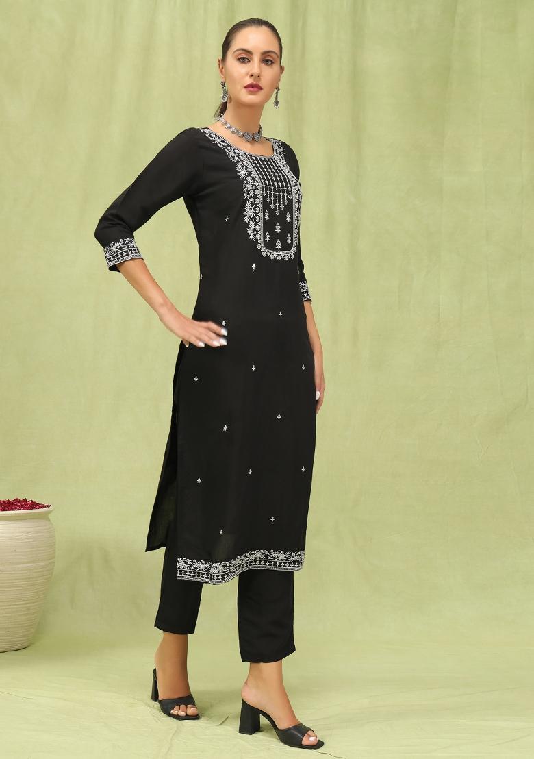 Black Embroidered Silk Kurta Set - Indya