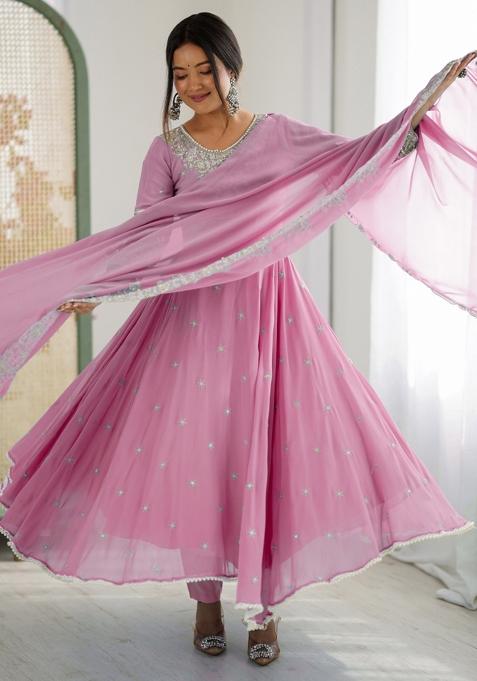 Pink Embroidered Georgette Kurta Set