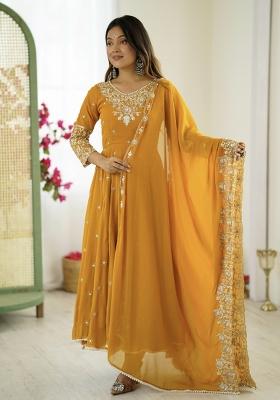 Yellow Embroidered Georgette Kurta Set